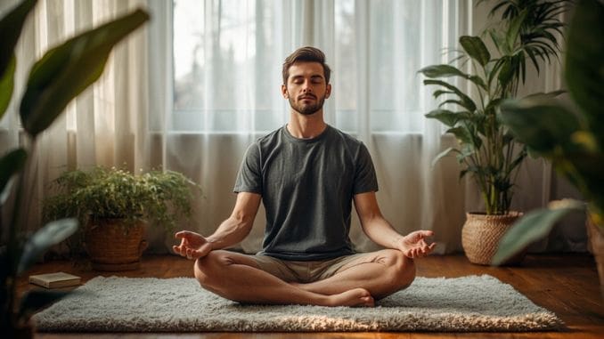 man meditating reaching balance between body and mind