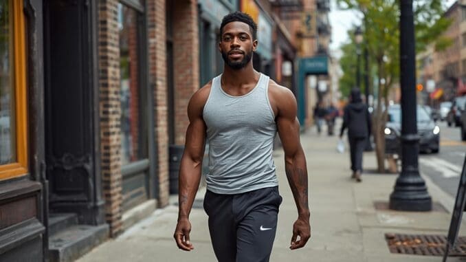 athletic young black man walking on halsted street chicago by steamworks
