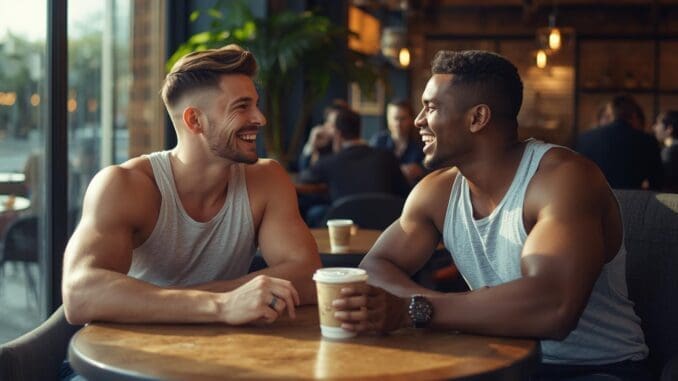 Two people in genuine conversation at Chicago cafe, illustrating authentic connection in LGBTQ+ therapy
