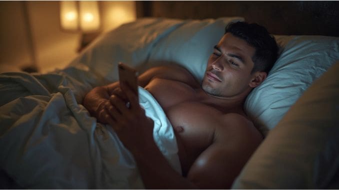 gay hockey player in bed texting another man 
