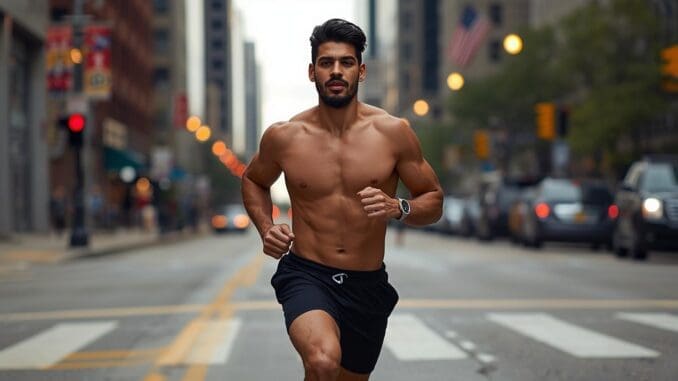 athletic muscular gay man running down halsted street chicago 