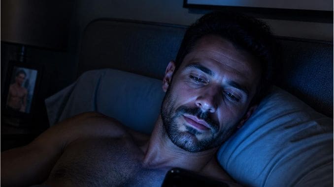 Gay man lying in bed at night scrolling phone seeking validation in Chicago