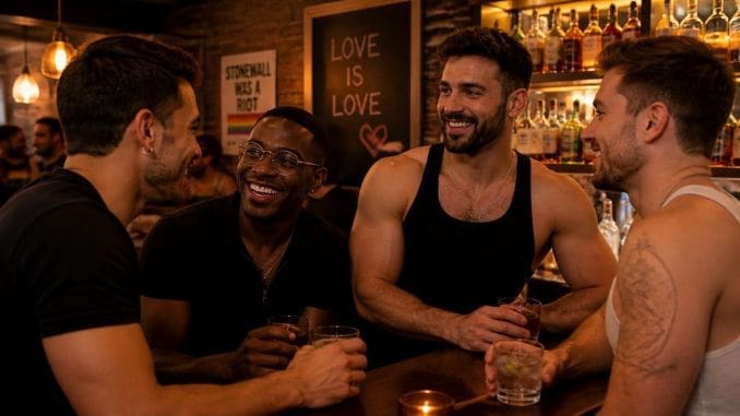 gay men talking about social anxiety at a bar on halseted street chicago