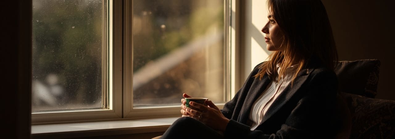 Woman sitting by a window with a cup of tea in quiet reflection — DBT therapy at 2nd Story Counseling Chicago