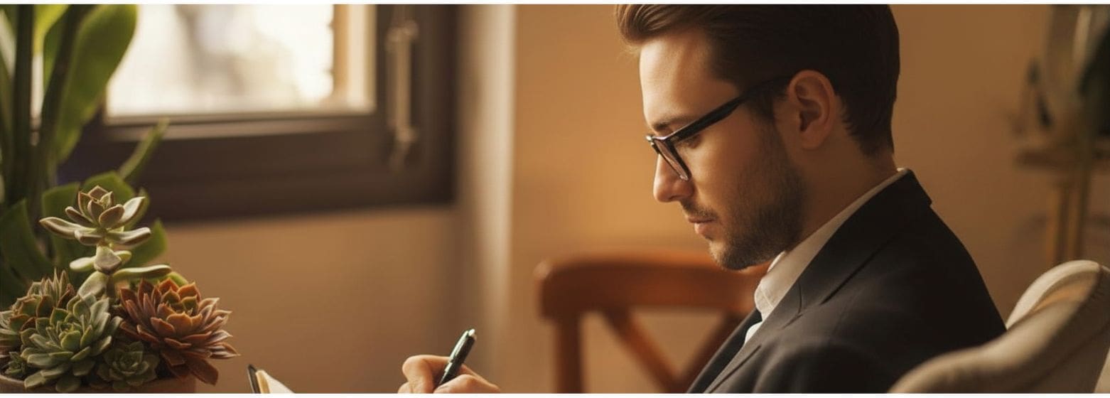 Man writing in a journal during ACT therapy reflection in Chicago