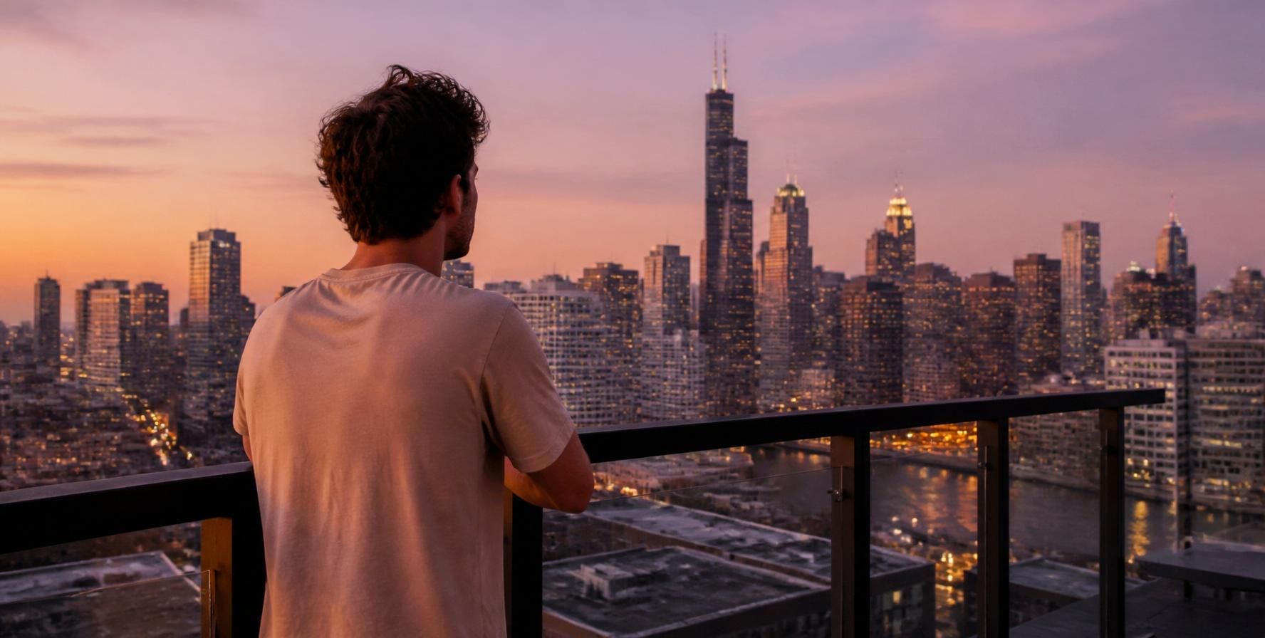 Young man looking out over the Chicago skyline at dusk — quarter life crisis therapy at 2nd Story Counseling