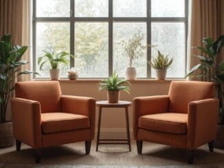 Two armchairs in a warm, sunlit Chicago therapy office offering queer affirming care